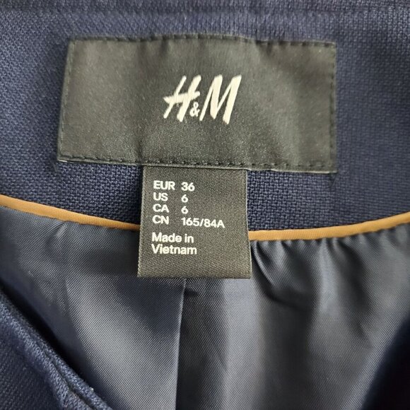 H&M Women's Beige Blue Blazer Jacket 3/4 Sleeve Button Front Pockets Size 6 - Picture 8 of 8